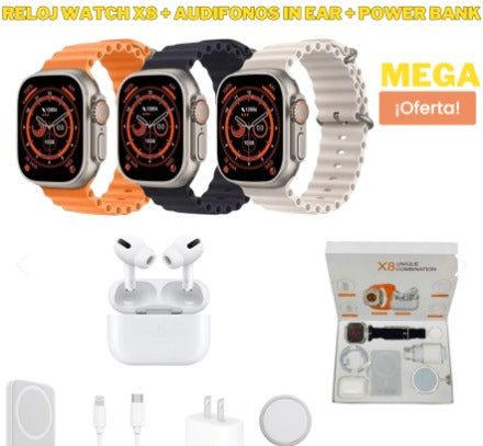 MEGA PACK: Smartwatch X8 Ultra + Audífonos + Carga inalámbrica + Power bank