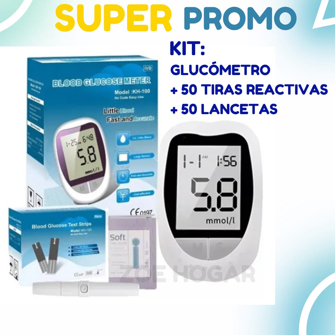 Pack: Glucómetro + 50 tiras reactivas + 50 lancetas
