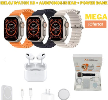 MEGA PACK: Smartwatch X8 Ultra + Audífonos + Carga inalámbrica + Power bank