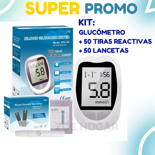 Pack: Glucómetro + 50 tiras reactivas + 50 lancetas